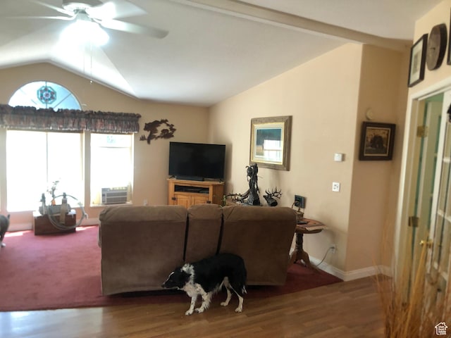 15700 N 7100 E, Spring City, UT 84662 - living area featuring vaulted ceiling, ceiling fan, wood finished floors, and cooling unit