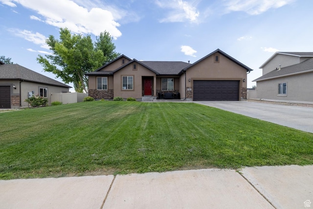 392 E 2900 S, Vernal, UT 84078 - ranch-style home featuring stucco siding, concrete driveway, an attached garage, and stone siding