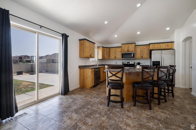 392 E 2900 S, Vernal, UT 84078 - kitchen featuring stainless steel appliances, plenty of natural light, dark countertops, vaulted ceiling, and recessed lighting