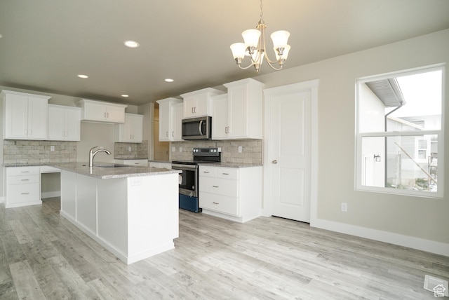 3045 S 2275 W, West Haven, UT 84401 - kitchen featuring appliances with stainless steel finishes, backsplash, a chandelier, white cabinetry, and recessed lighting