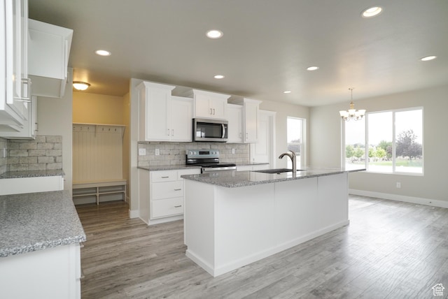 3045 S 2275 W, West Haven, UT 84401 - kitchen with stainless steel appliances, backsplash, a chandelier, white cabinetry, and recessed lighting