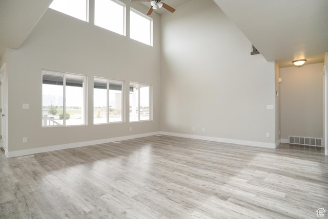 3045 S 2275 W, West Haven, UT 84401 - unfurnished living room with ceiling fan, a towering ceiling, and light wood-style flooring