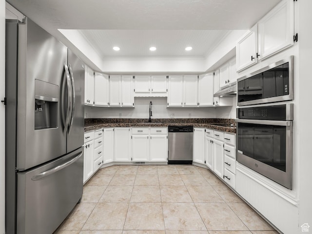 3818 N Little Rock Ct E, Provo, UT 84604 - kitchen with stainless steel appliances, a raised ceiling, light tile patterned floors, white cabinetry, and recessed lighting