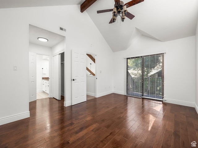 3818 N Little Rock Ct E, Provo, UT 84604 - unfurnished living room with ceiling fan, beam ceiling, wood finished floors, and high vaulted ceiling