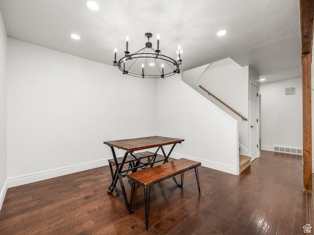 3818 N Little Rock Ct E, Provo, UT 84604 - dining area featuring dark wood-style flooring, recessed lighting, a chandelier, and stairs
