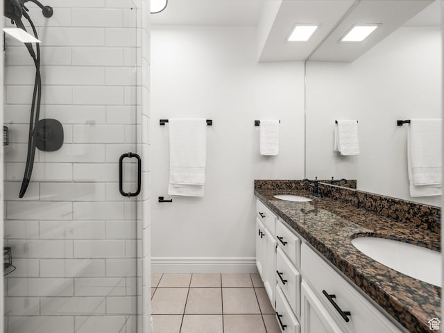 3818 N Little Rock Ct E, Provo, UT 84604 - full bathroom with a shower stall, double vanity, and tile patterned floors