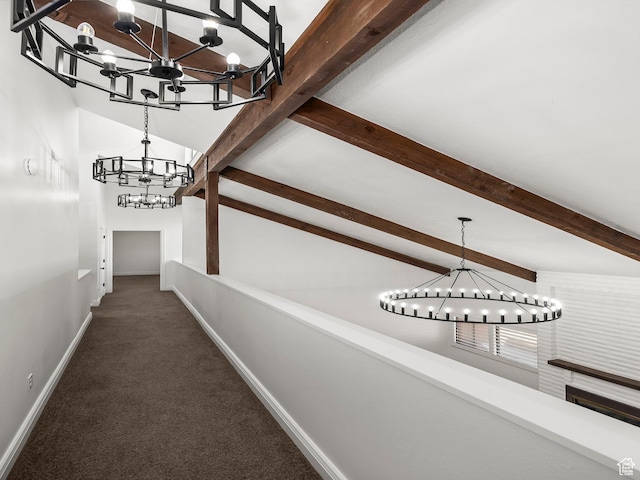 3818 N Little Rock Ct E, Provo, UT 84604 - corridor with a chandelier, beamed ceiling, and carpet flooring