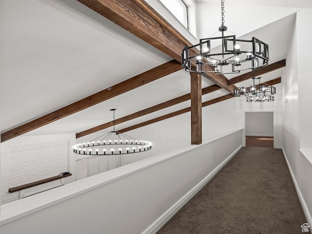 3818 N Little Rock Ct E, Provo, UT 84604 - hallway featuring a chandelier, beam ceiling, carpet flooring, and high vaulted ceiling