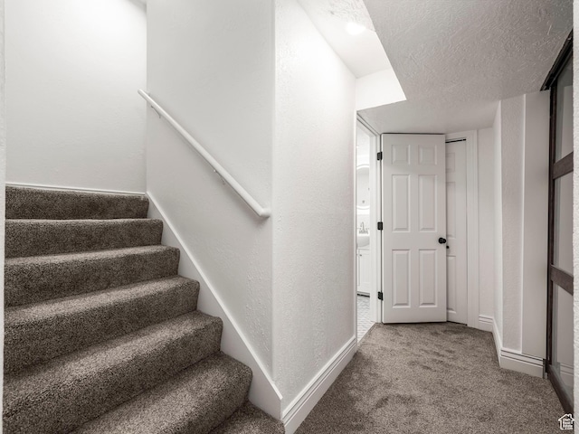 3818 N Little Rock Ct E, Provo, UT 84604 - staircase featuring carpet floors and a textured ceiling