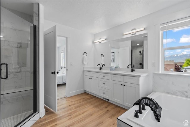723 W 800 S, Springville, UT 84663 - ensuite bathroom with double vanity, a garden tub, a marble finish shower, and wood finished floors