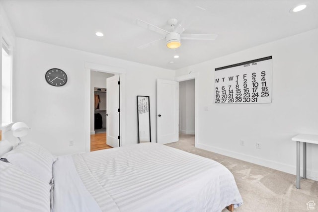 723 W 800 S, Springville, UT 84663 - bedroom featuring light carpet, recessed lighting, a walk in closet, and a ceiling fan