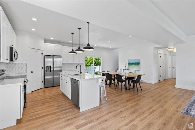 723 W 800 S, Springville, UT 84663 - kitchen with appliances with stainless steel finishes, recessed lighting, white cabinetry, tasteful backsplash, and light wood finished floors