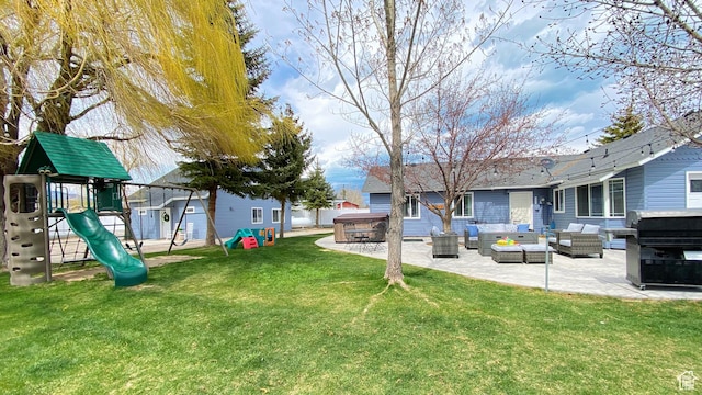 325 S 100 W, Garden City, UT 84028 - view of green lawn featuring an outdoor hangout area, a hot tub, a patio, and a playground