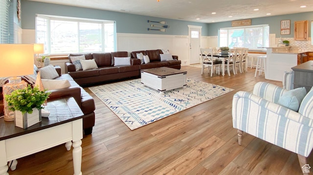 325 S 100 W, Garden City, UT 84028 - living room with wood finished floors, a wainscoted wall, and recessed lighting