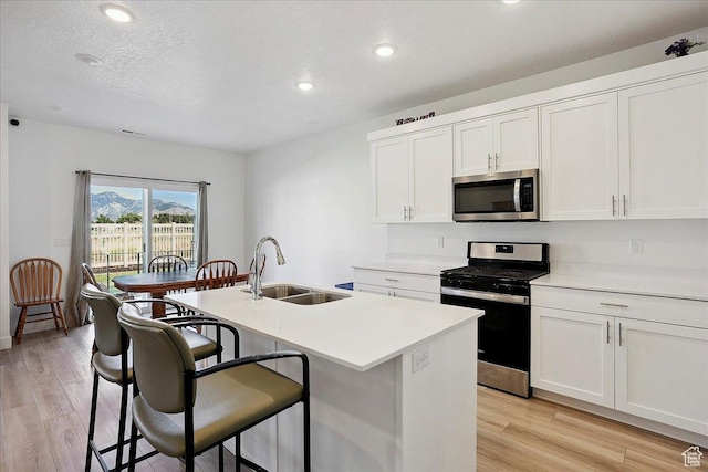 3270 N 3325 W Unit 386B, Plain City, UT 84404 - kitchen with stainless steel appliances, a kitchen bar, light wood-type flooring, an island with sink, and light countertops