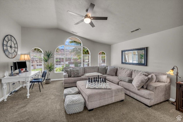 2045 S 1400 E Unit 8, St George, UT 84790 - carpeted living room with a ceiling fan, vaulted ceiling, a textured ceiling, and an office area
