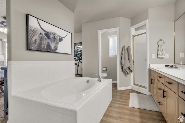 2045 S 1400 E Unit 8, St George, UT 84790 - full bath with a garden tub, a stall shower, wood finished floors, and vanity