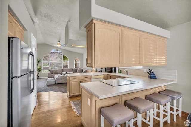 2045 S 1400 E Unit 8, St George, UT 84790 - kitchen featuring appliances with stainless steel finishes, light brown cabinets, a peninsula, light wood-style flooring, and vaulted ceiling