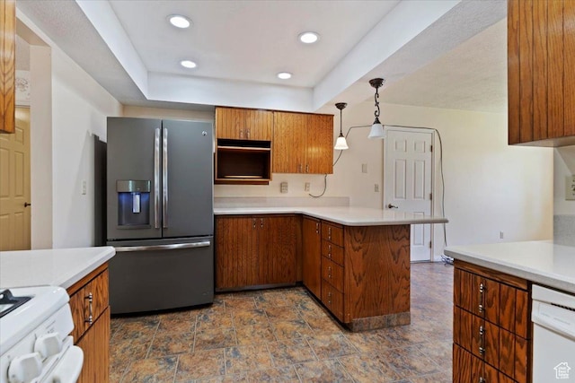 484 E 3450 N, North Ogden, UT 84414 - kitchen with stainless steel refrigerator with ice dispenser, stove, white dishwasher, a peninsula, and brown cabinets