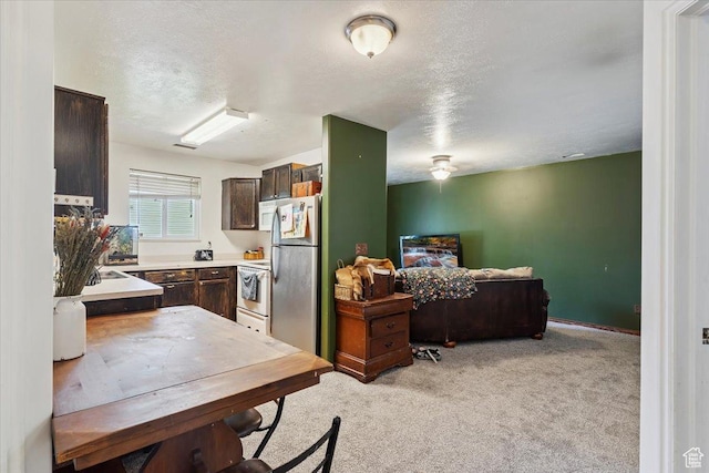 2421 N 400 E Unit C4, North Ogden, UT 84414 - kitchen featuring freestanding refrigerator, dark brown cabinetry, light countertops, light carpet, and white range oven