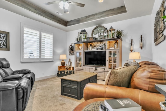 1188 N 100 E, Nephi, UT 84648 - living room with ceiling fan, a tray ceiling, and light carpet