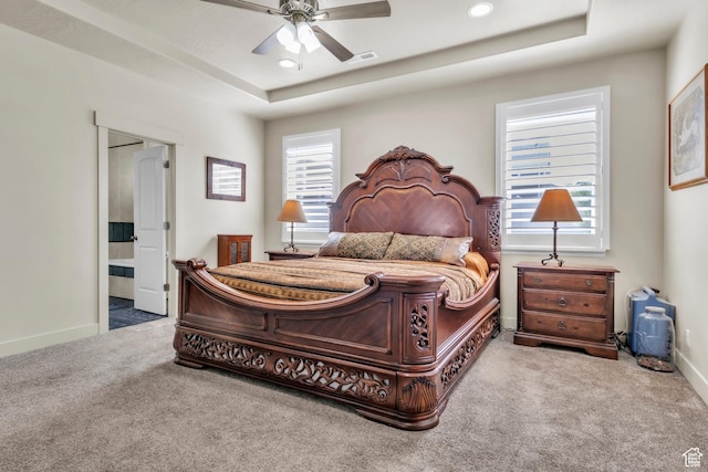1188 N 100 E, Nephi, UT 84648 - carpeted bedroom featuring a raised ceiling, connected bathroom, recessed lighting, and a ceiling fan