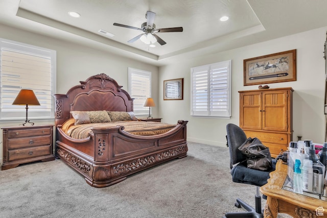1188 N 100 E, Nephi, UT 84648 - bedroom with light colored carpet, a tray ceiling, recessed lighting, and ceiling fan