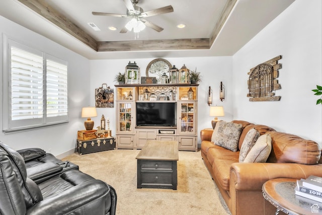 1188 N 100 E, Nephi, UT 84648 - living area featuring a raised ceiling, ceiling fan, light colored carpet, and recessed lighting
