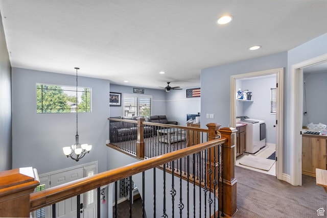 4467 W 5850 S, Hooper, UT 84315 - hallway with an upstairs landing, independent washer and dryer, a chandelier, carpet floors, and recessed lighting