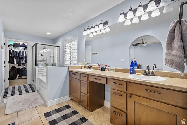 4467 W 5850 S, Hooper, UT 84315 - full bath with a shower stall, double vanity, tile patterned floors, a spacious closet, and a ceiling fan
