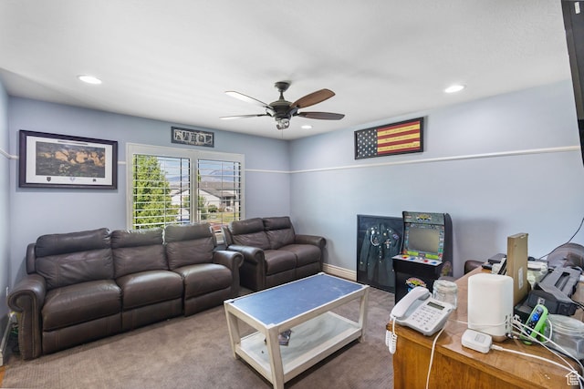 4467 W 5850 S, Hooper, UT 84315 - carpeted living room featuring a ceiling fan and recessed lighting