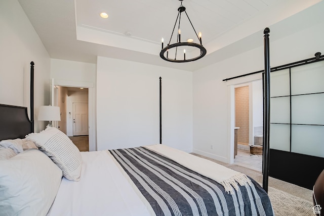 3698 E Butterfield Rd, Eagle Mountain, UT 84005 - bedroom with a raised ceiling, a chandelier, light colored carpet, recessed lighting, and ensuite bathroom