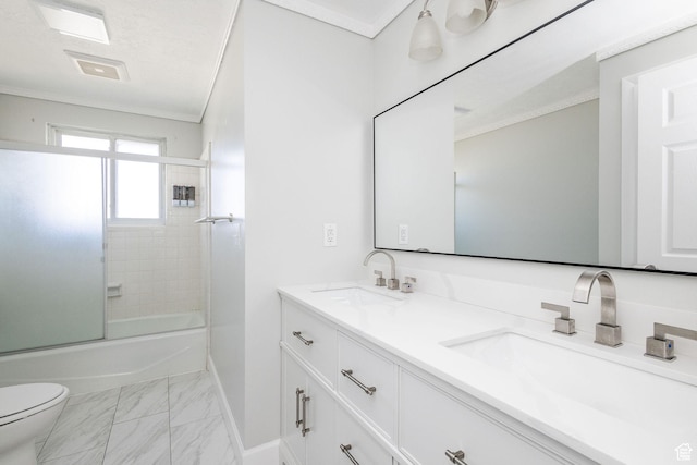 3320 N Plain City Rd W, Plain City, UT 84404 - bathroom featuring marble finish floors, double vanity, enclosed tub / shower combo, and crown molding