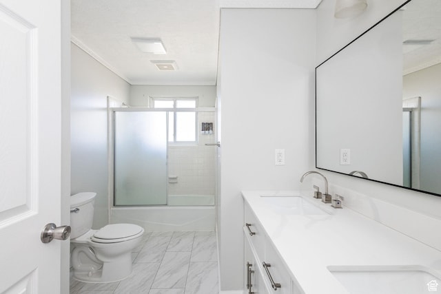 3320 N Plain City Rd W, Plain City, UT 84404 - bathroom with crown molding, double vanity, shower / bath combination with glass door, and marble look tiles