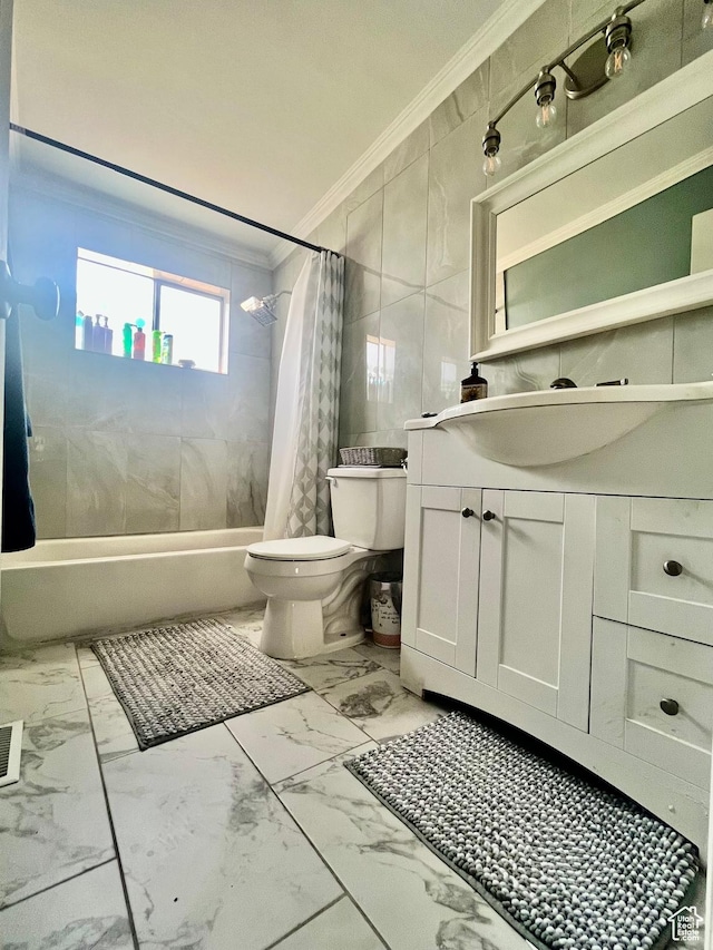 3917 S David Pl, West Valley City, UT 84119 - full bath with crown molding, marble look tile flooring, shower / tub combo with curtain, vanity, and tile walls