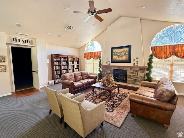 532 W 300 S Unit B, Springville, UT 84663 - living room featuring carpet, a ceiling fan, a fireplace, and high vaulted ceiling