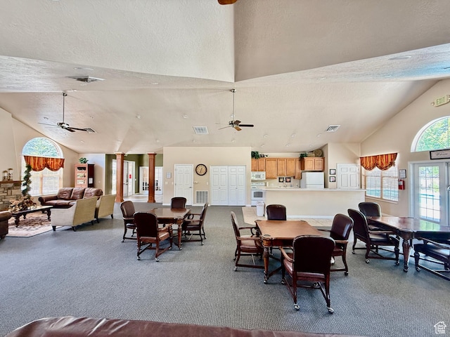 532 W 300 S Unit B, Springville, UT 84663 - dining space with ceiling fan, a textured ceiling, carpet floors, and high vaulted ceiling