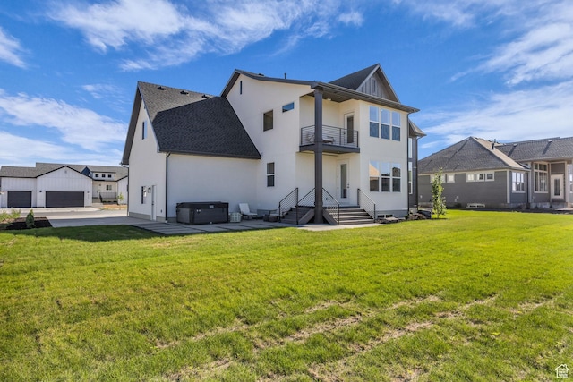 3728 W Chalgrove Rd, Taylor, UT 84401 - rear view of house featuring a balcony, a hot tub, stucco siding, and a yard