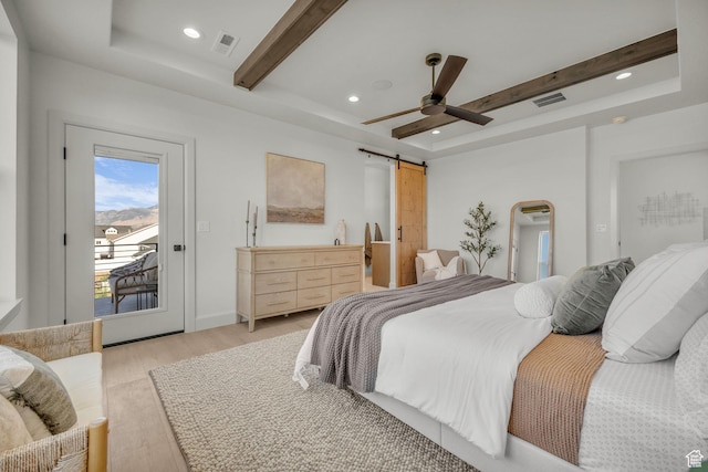 3728 W Chalgrove Rd, Taylor, UT 84401 - bedroom featuring light wood-type flooring, access to exterior, a barn door, recessed lighting, and beam ceiling