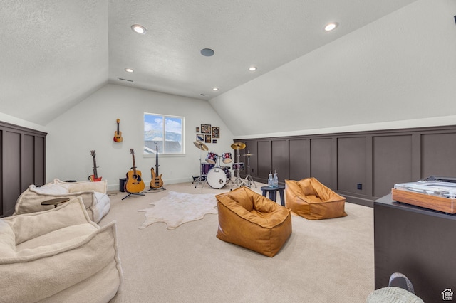 3728 W Chalgrove Rd, Taylor, UT 84401 - recreation room featuring lofted ceiling, carpet flooring, a textured ceiling, and recessed lighting