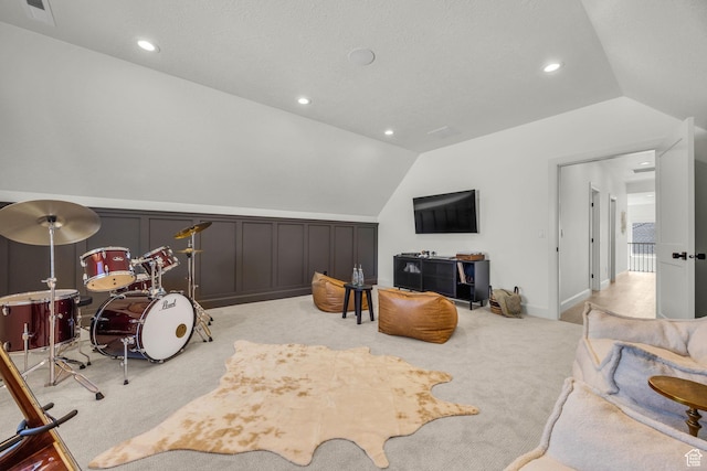 3728 W Chalgrove Rd, Taylor, UT 84401 - playroom featuring lofted ceiling, light colored carpet, recessed lighting, a decorative wall, and a wainscoted wall