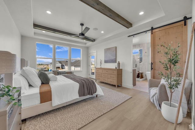 3728 W Chalgrove Rd, Taylor, UT 84401 - bedroom with a barn door, light wood-style floors, beamed ceiling, recessed lighting, and a raised ceiling