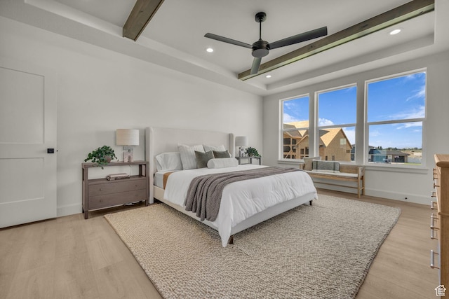 3728 W Chalgrove Rd, Taylor, UT 84401 - bedroom featuring beam ceiling, light wood-style floors, recessed lighting, and a ceiling fan