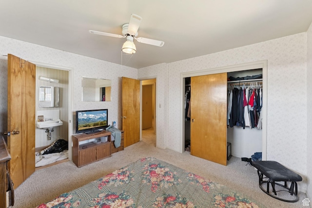 2690 N 4275 W, Plain City, UT 84404 - bedroom with wallpapered walls, carpet flooring, a closet, and ceiling fan