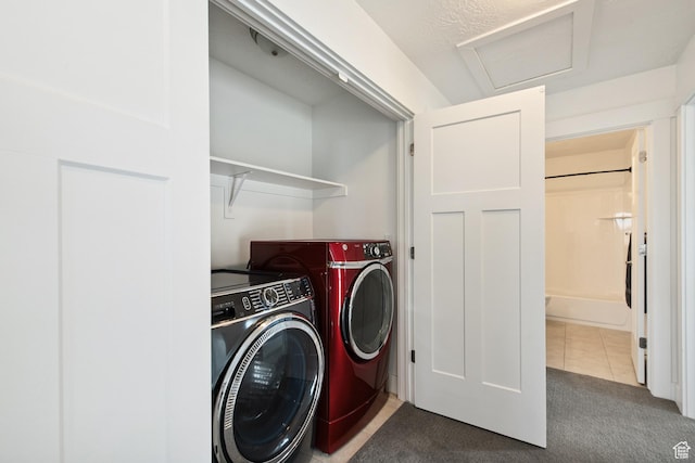3902 W Pilton Ct, Taylorsville, UT 84129 - laundry room featuring carpet floors, tile patterned flooring, independent washer and dryer, and attic access