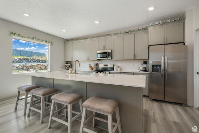 537 W Flora Dr, Saratoga Springs, UT 84045 - kitchen featuring stainless steel appliances, gray cabinetry, light wood-type flooring, light countertops, and a kitchen island with sink