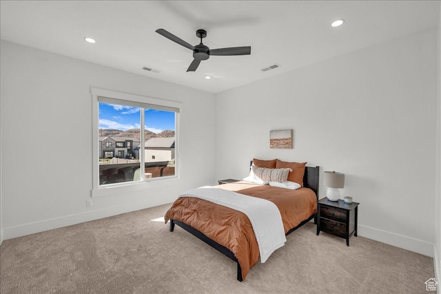 1597 W Belayer Dr, St George, UT 84770 - bedroom featuring light colored carpet, recessed lighting, and ceiling fan