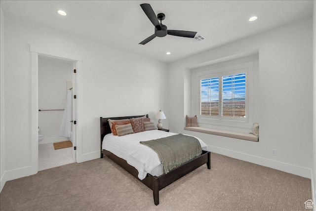 1597 W Belayer Dr, St George, UT 84770 - carpeted bedroom with recessed lighting, connected bathroom, and a ceiling fan