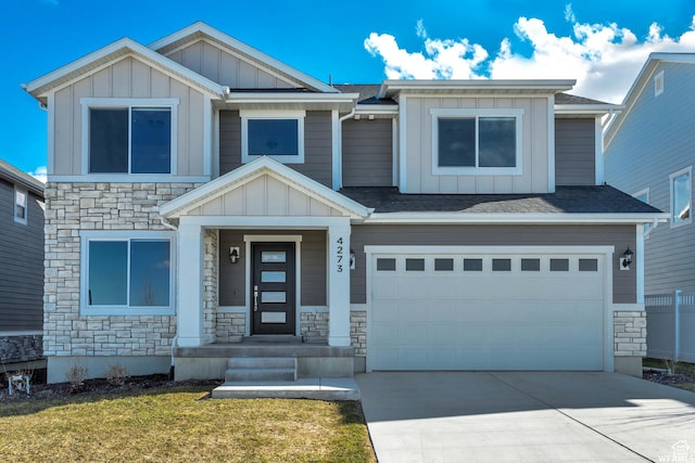 4273 W Watchmen Way, Herriman, UT 84096 - craftsman-style house with board and batten siding, stone siding, and an attached garage