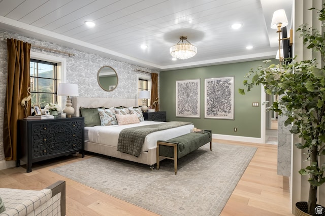 4605 S Ledgemont Dr E, Salt Lake City, UT 84124 - bedroom with wood finished floors, wallpapered walls, recessed lighting, a chandelier, and wooden ceiling